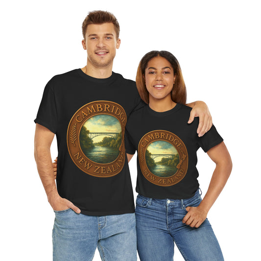 Two people wearing black t-shirts with a 'Cambridge, New Zealand' design.
