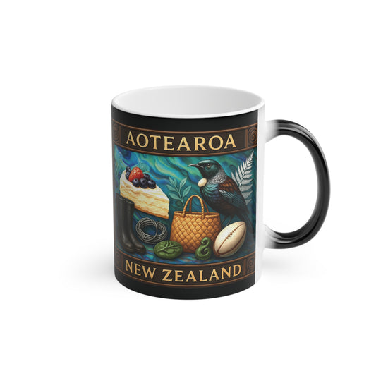 Mug with Aotearoa New Zealand design featuring a kiwi bird, waka, and other elements on a white background.