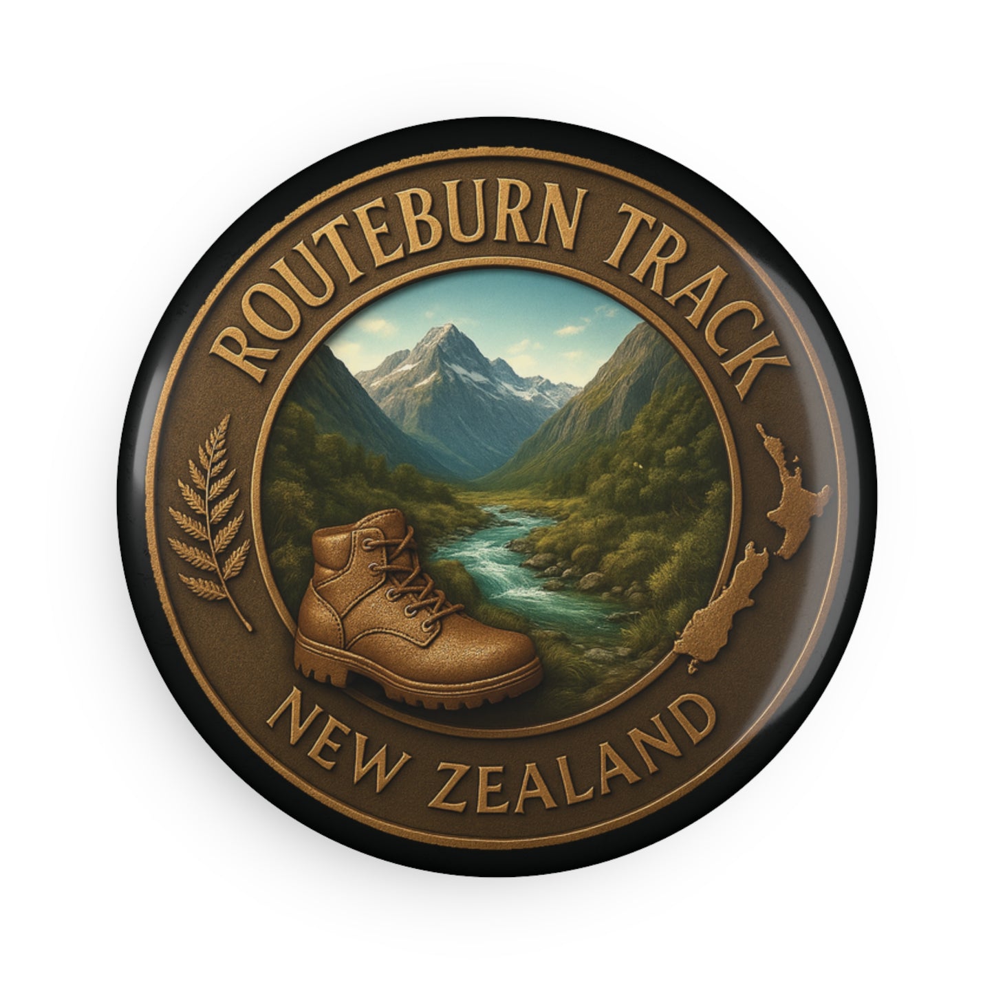 Round Fridge Magnet badge with Routeburn Track New Zealand design featuring a mountain landscape and hiking boot.