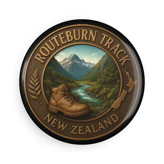 Round Fridge Magnet badge with Routeburn Track New Zealand design featuring a mountain landscape and hiking boot.