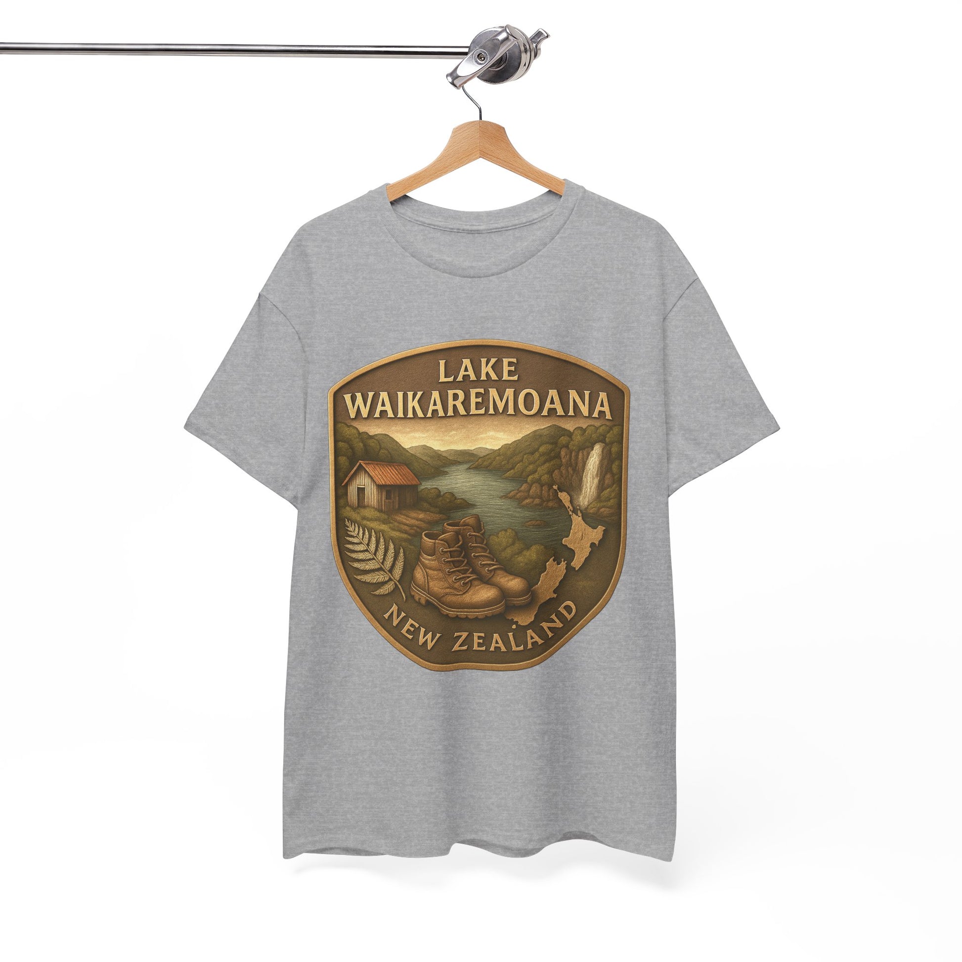 Gray t-shirt with a 'Lake Waikaremoana New Zealand' graphic on a hanger against a white background
