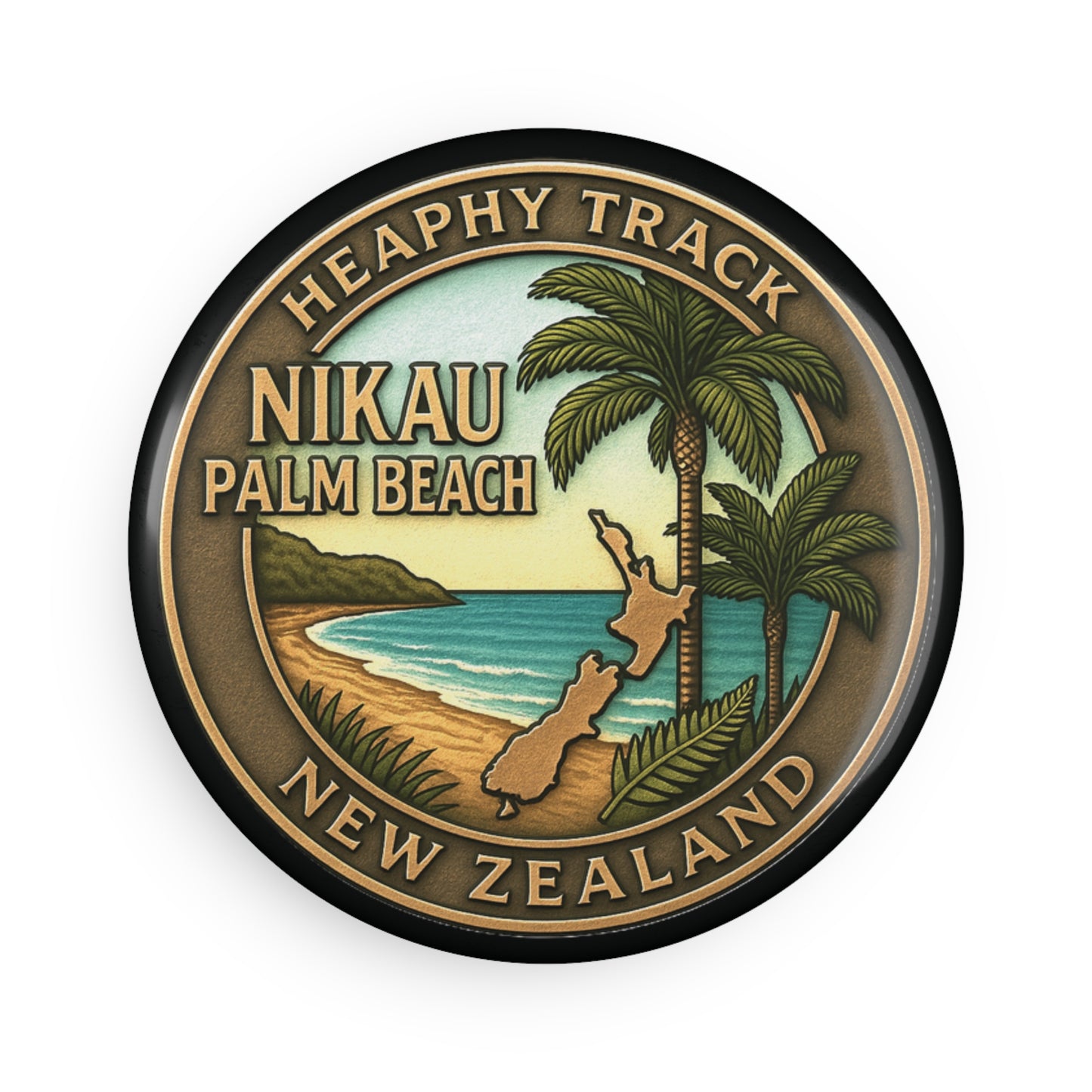 Round metal badge with Heaphy Track Nikau Palm Beach New Zealand design featuring palm trees and beach.