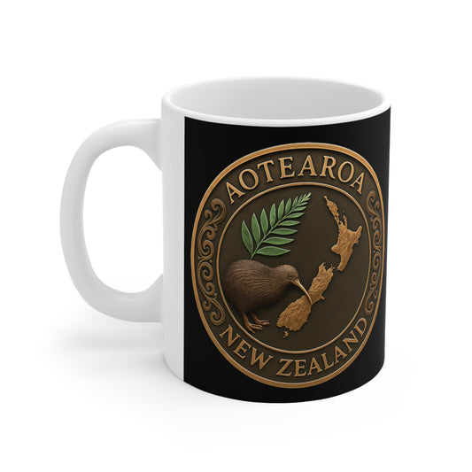 Aotearoa Kiwi & Map Bronze Emblem Coffee Mug — New Zealand — NZ Souvenir