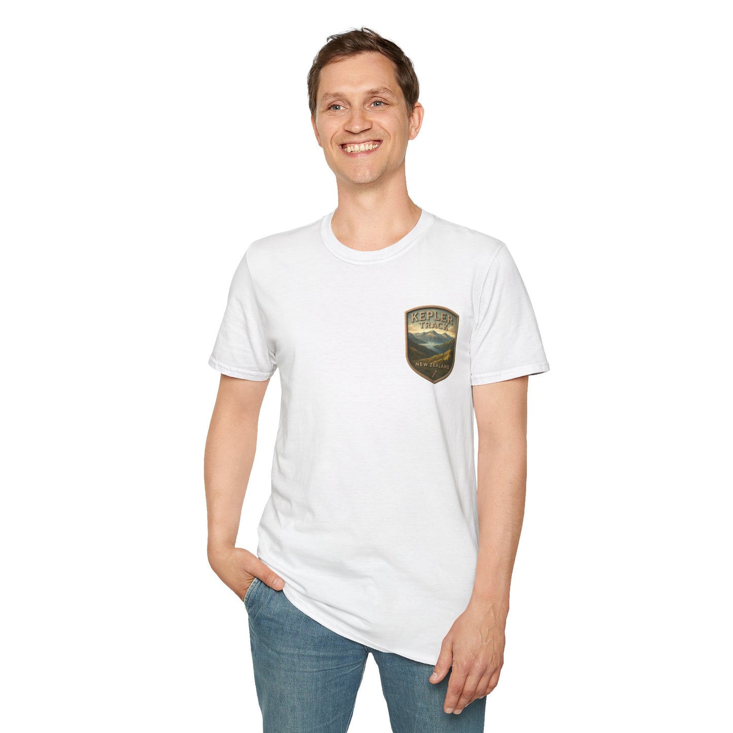 Person wearing a white Kepler Track t-shirt with a logo on a white background