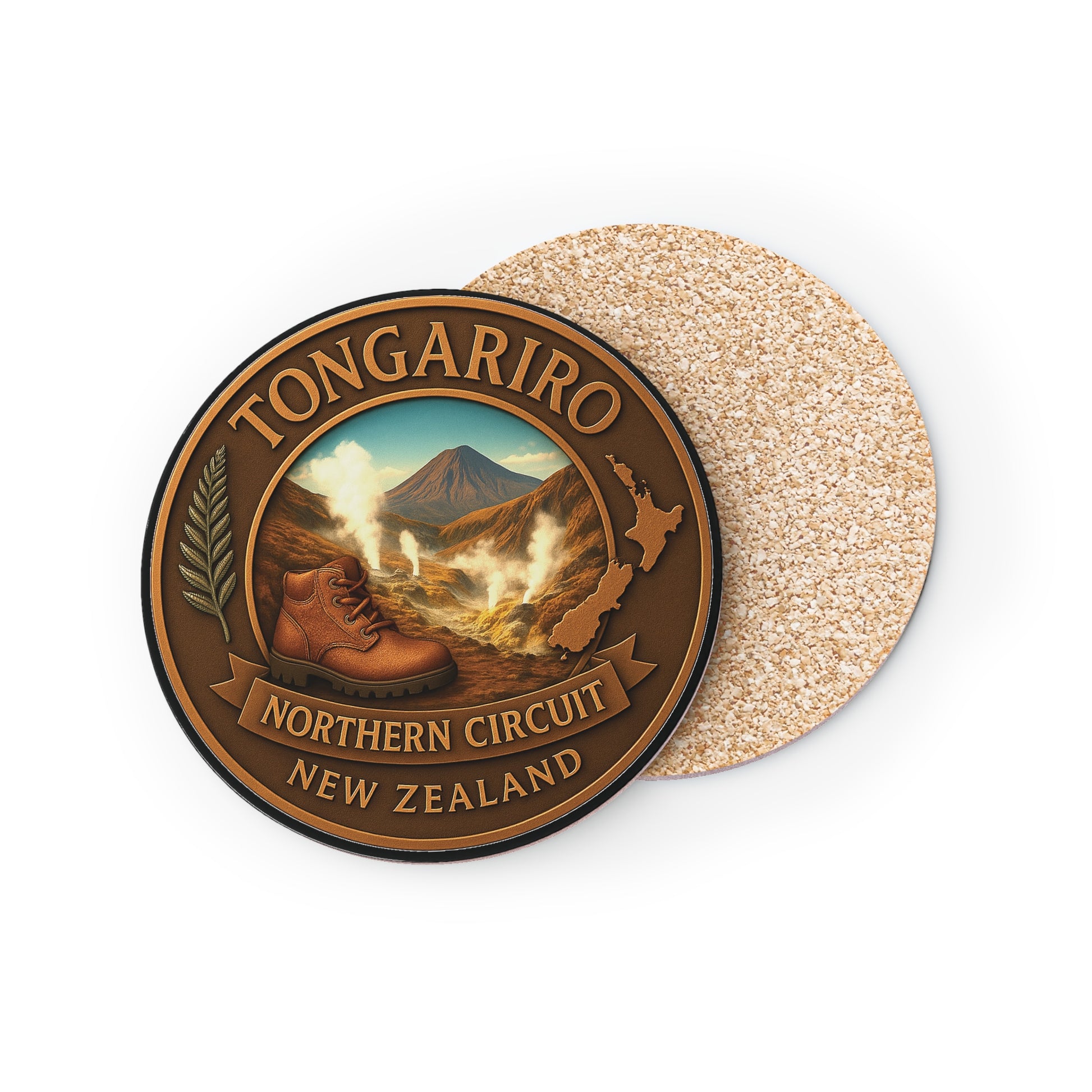 Coaster with Tongariro Northern Circuit New Zealand design on a white background