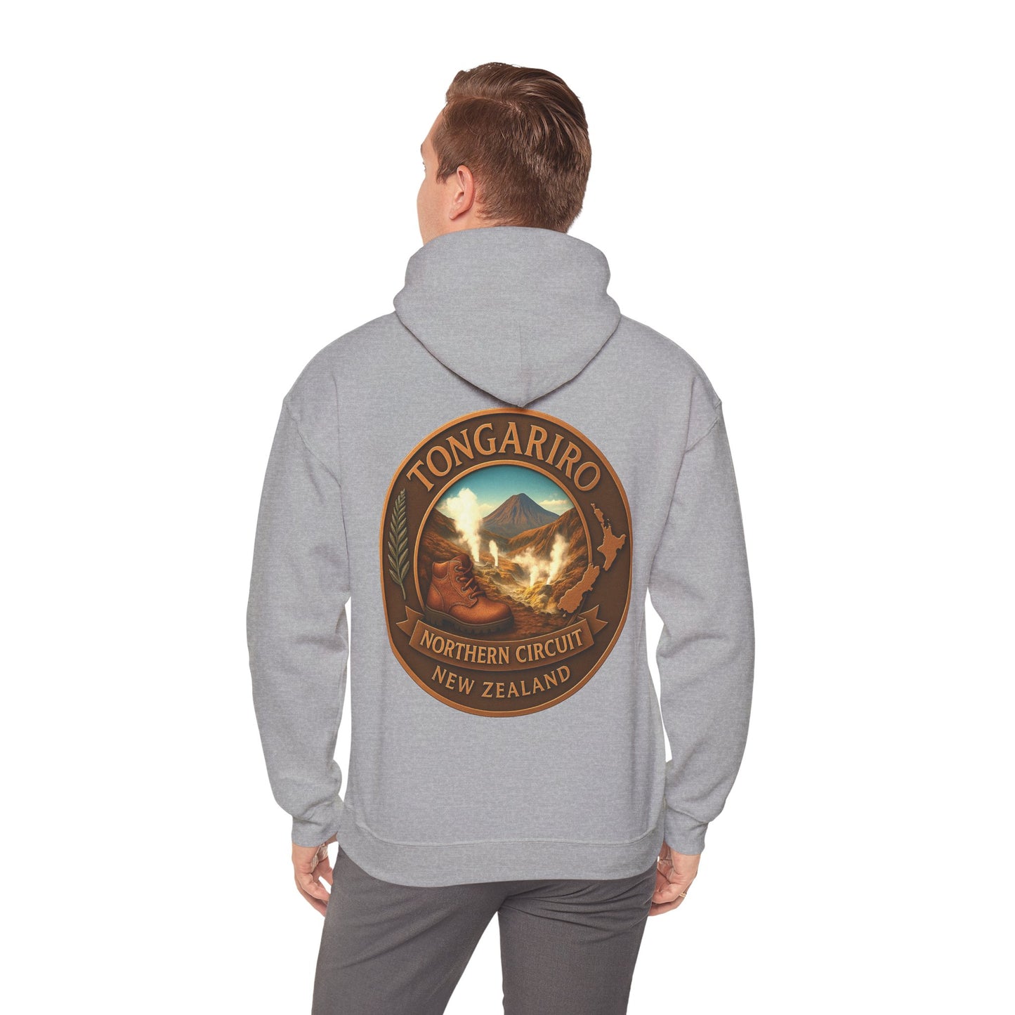 Person wearing a gray hoodie with Tongariro Northern Circuit New Zealand design on the back.