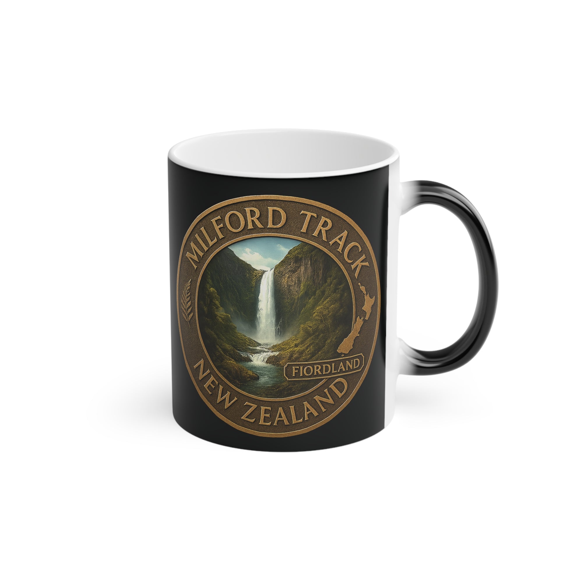 Black Milford Track Coffee Mug V2 – New Zealand Souvenir Cup, Hiking & Travel Gift mug with a scenic design and text on a white background
