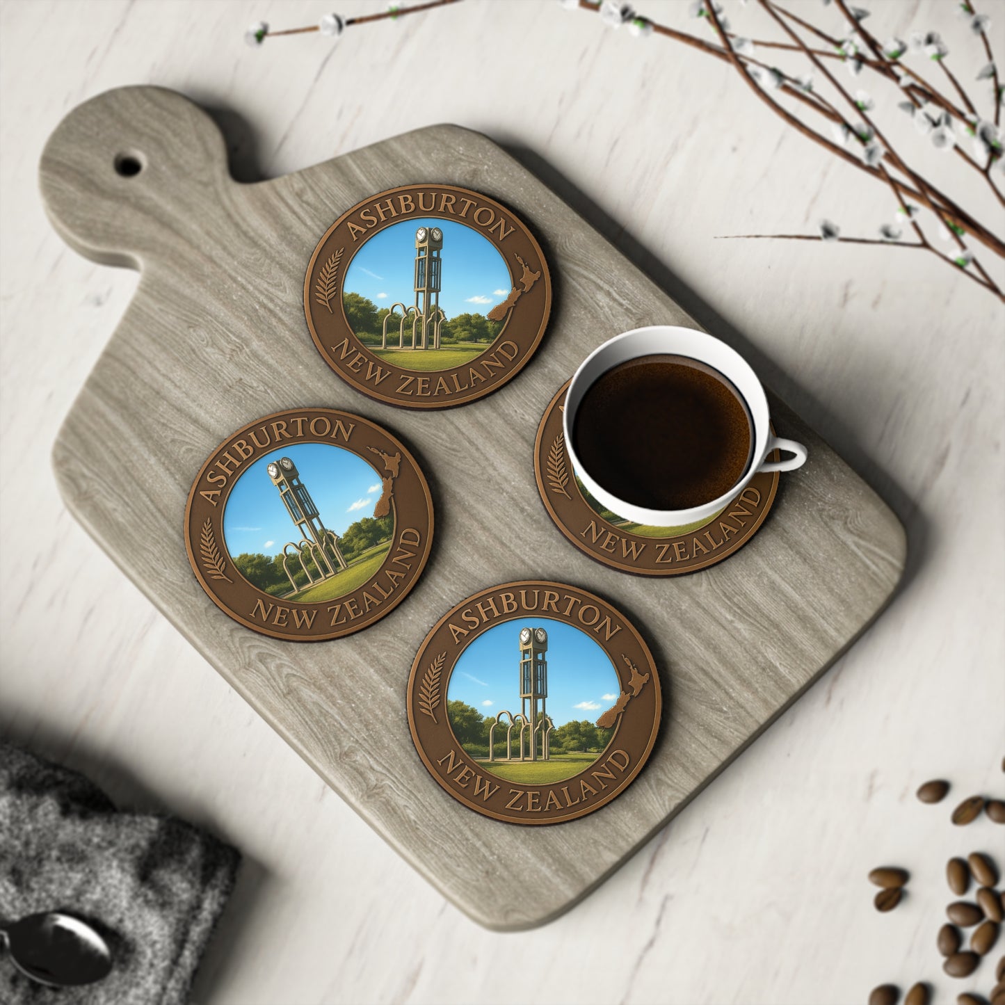 Coasters with Ashburton, New Zealand design on a wooden board with a cup of coffee.