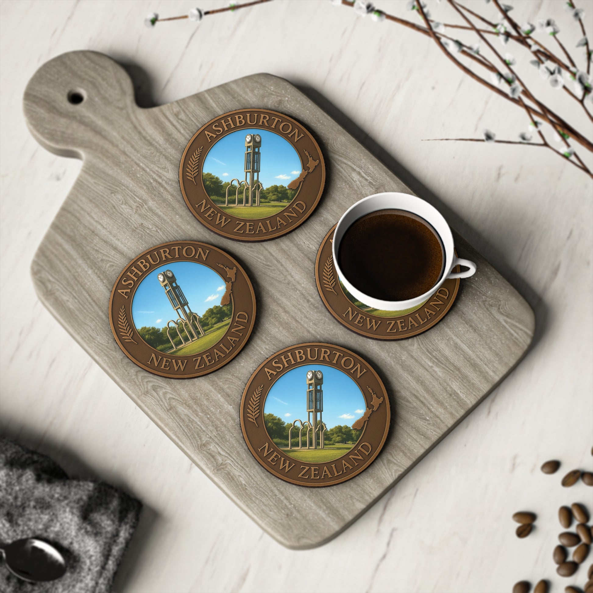 Coasters with Ashburton, New Zealand design on a wooden board with a cup of coffee.