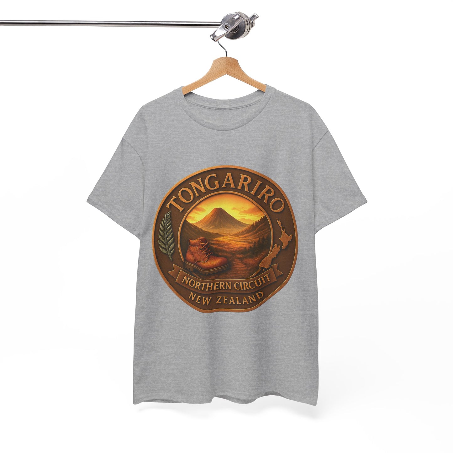 Gray t-shirt with Tongariro Northern Circuit New Zealand graphic on a hanger