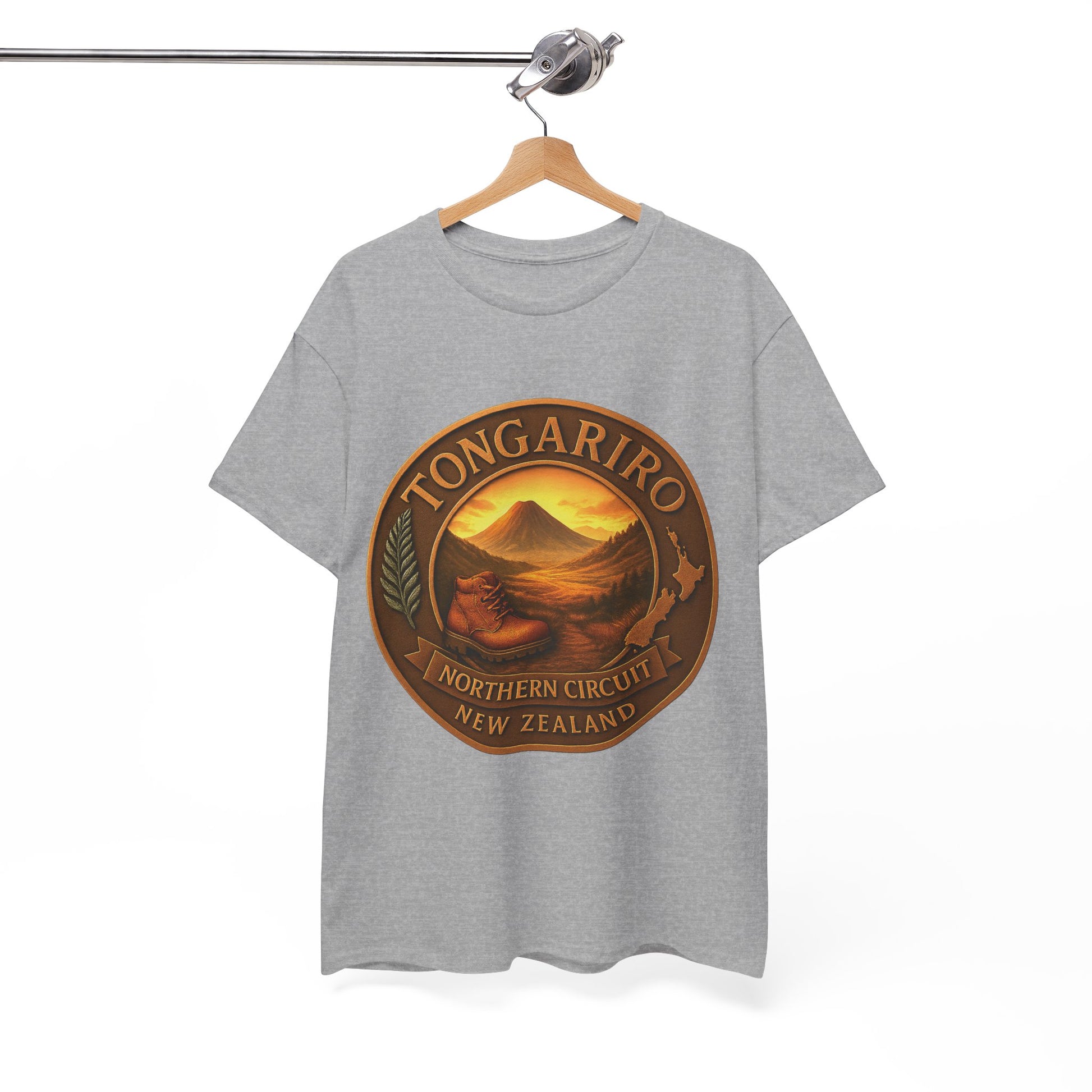 Gray t-shirt with Tongariro Northern Circuit New Zealand graphic on a hanger