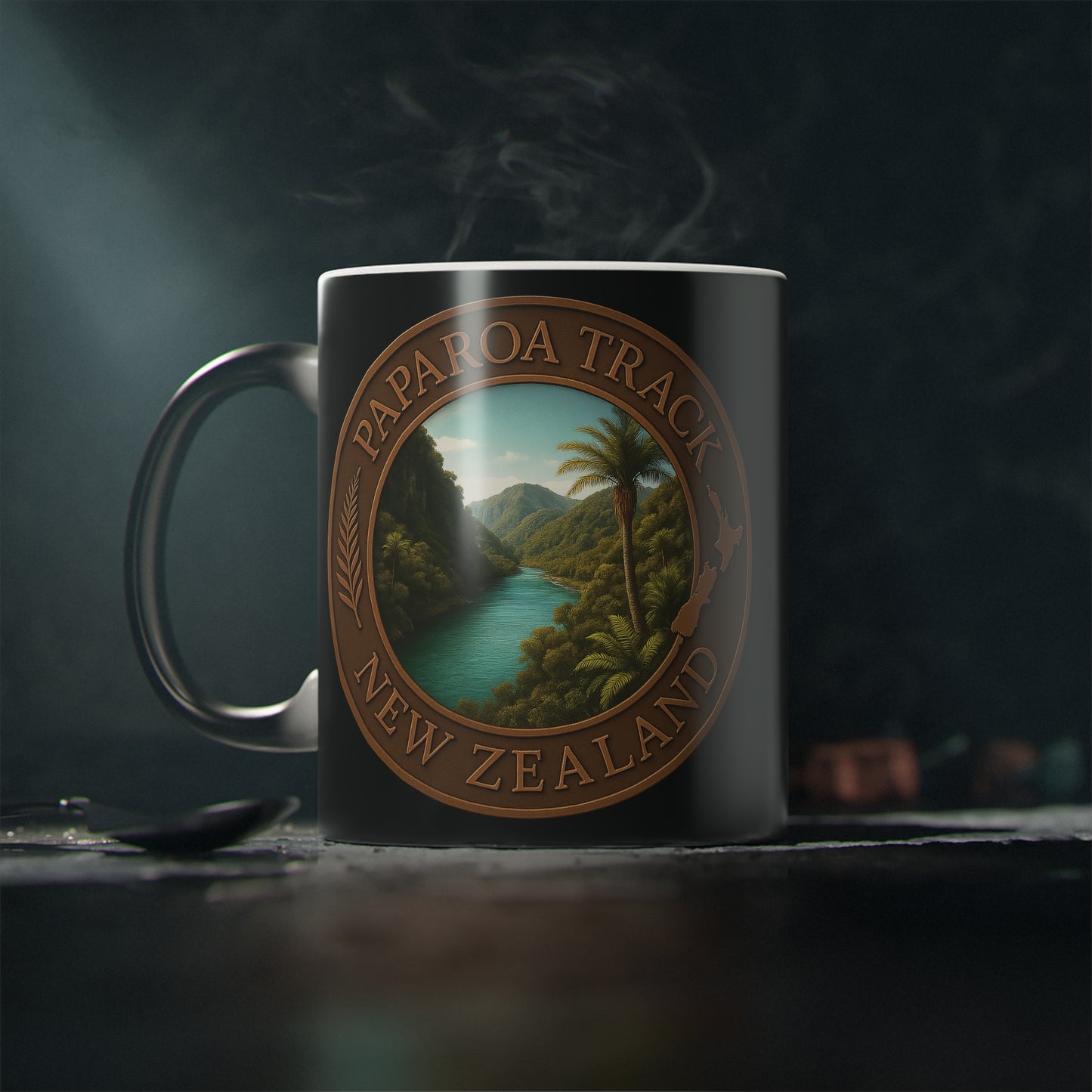 Coffee Mug with Paparoa Track New Zealand design on a dark background