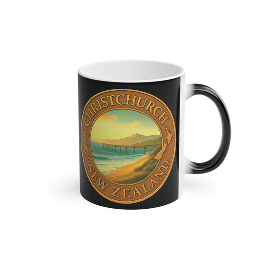 Black mug with a Christchurch, New Zealand design featuring a pier and sunset.