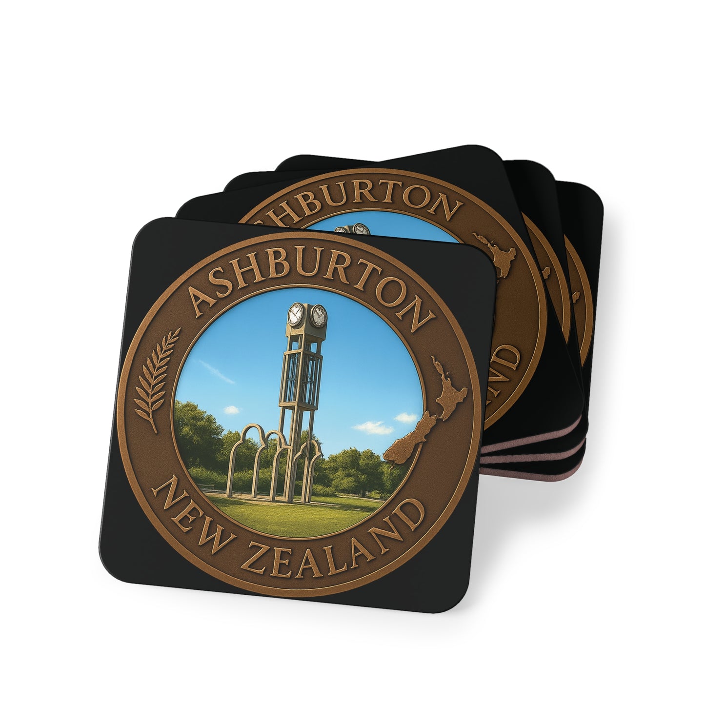 Coasters with Ashburton, New Zealand design on a white background