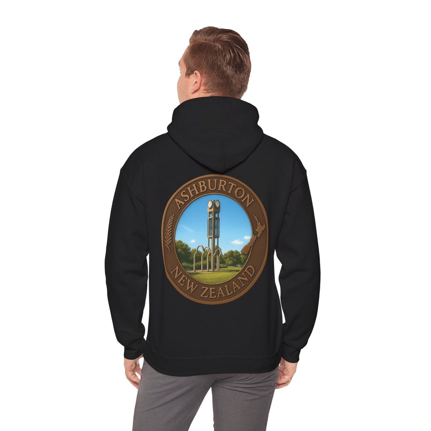 Black hoodie with Ashburton, New Zealand design on the back worn by a person