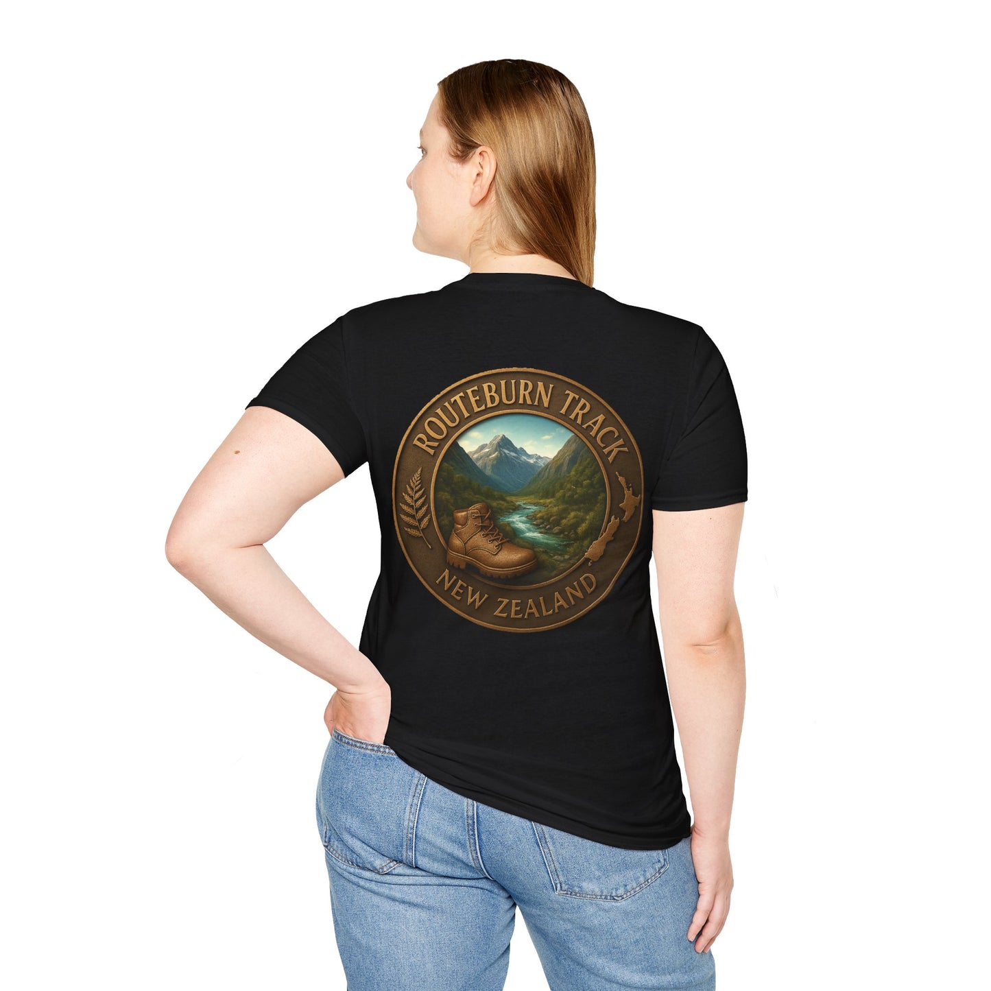 Person wearing a black t-shirt with a 'Routeburn Track New Zealand' design on the back.