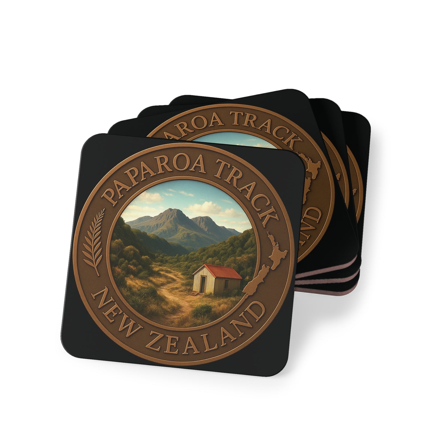 Coasters with Paparoa Track New Zealand design on a white background
