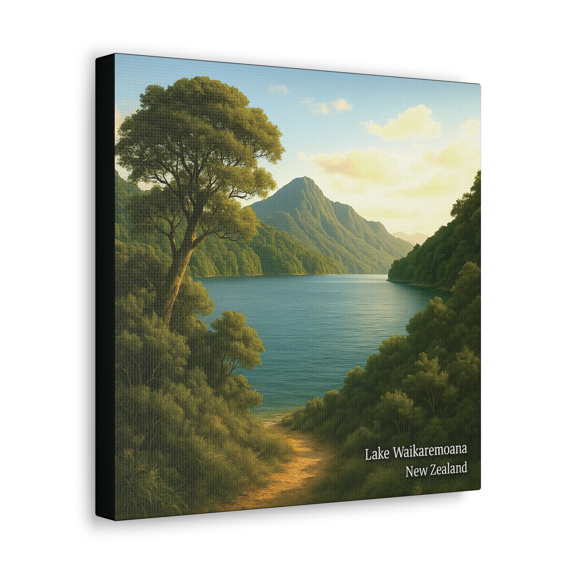 Canvas print of a scenic view of Lake Waikaremoana with mountains and trees.
