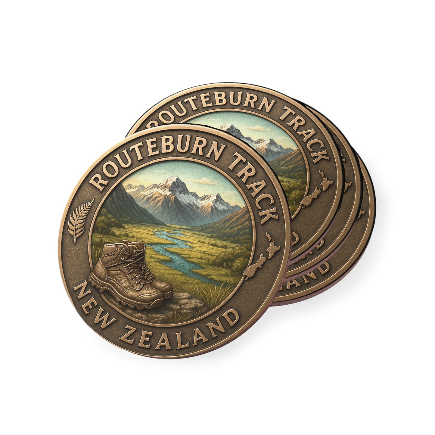 Bronze coin with Routeburn Track New Zealand design on a white background