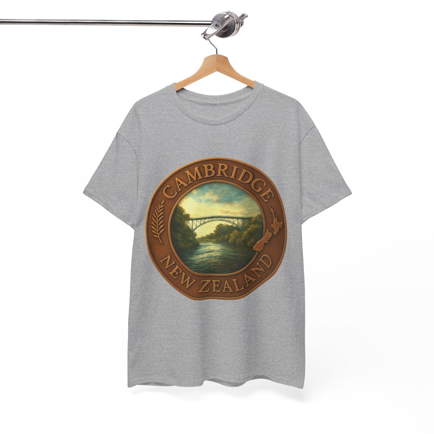 Gray t-shirt with a 'Cambridge, New Zealand' design on a hanger against a white background