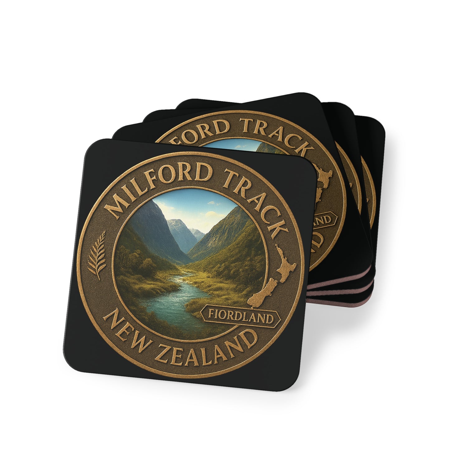 Set of four coasters with Milford Track design on a white background