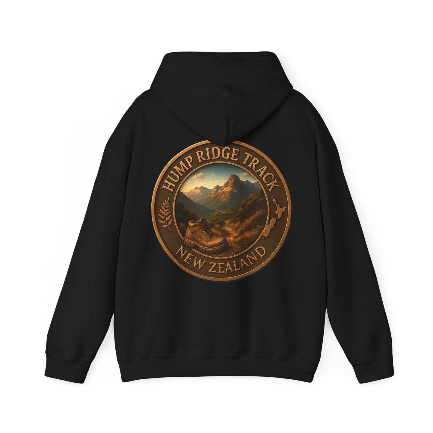 Black hoodie with 'Hump Ridge Track, New Zealand' design on the back against a white background