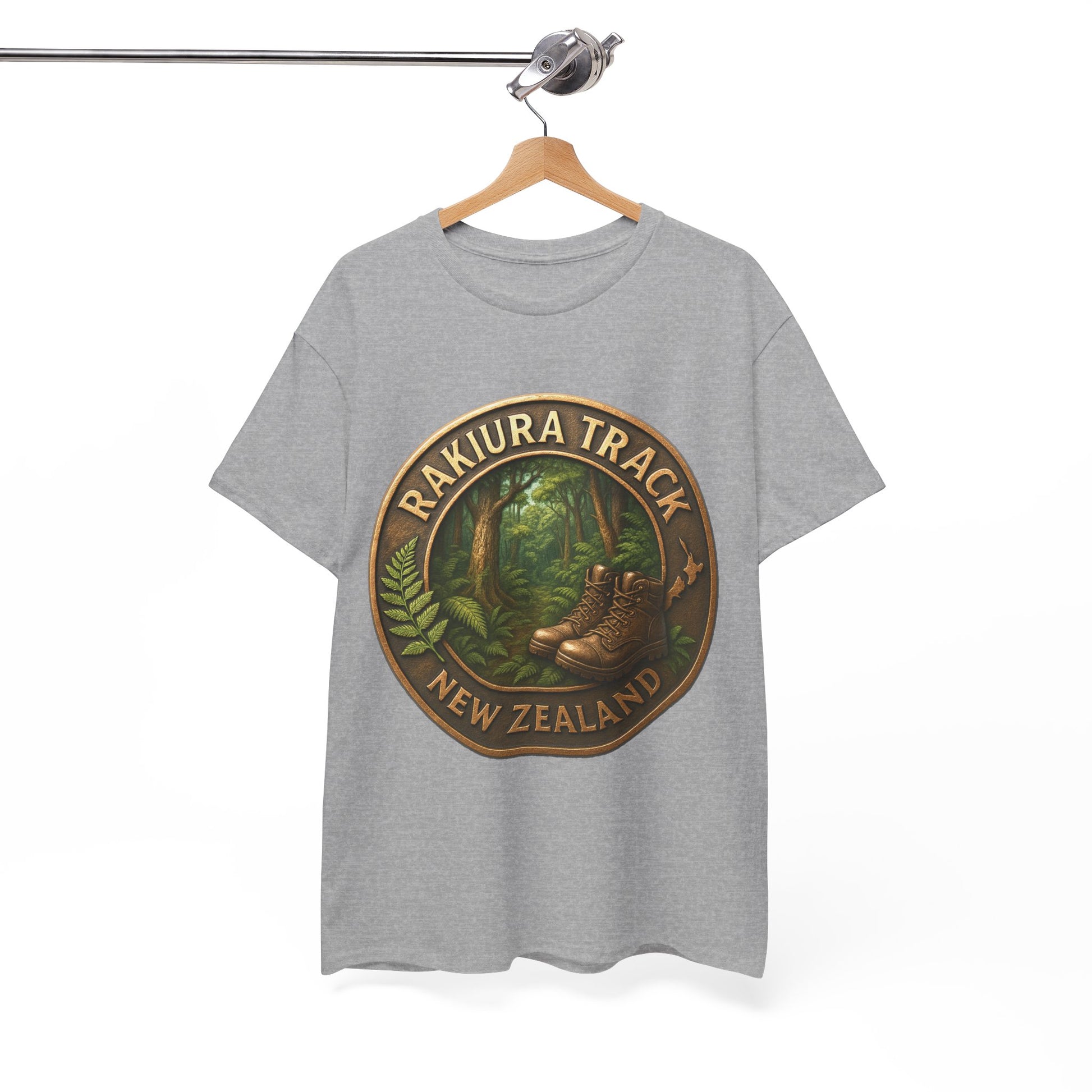 Gray t-shirt with Rakiura Track New Zealand design on a hanger