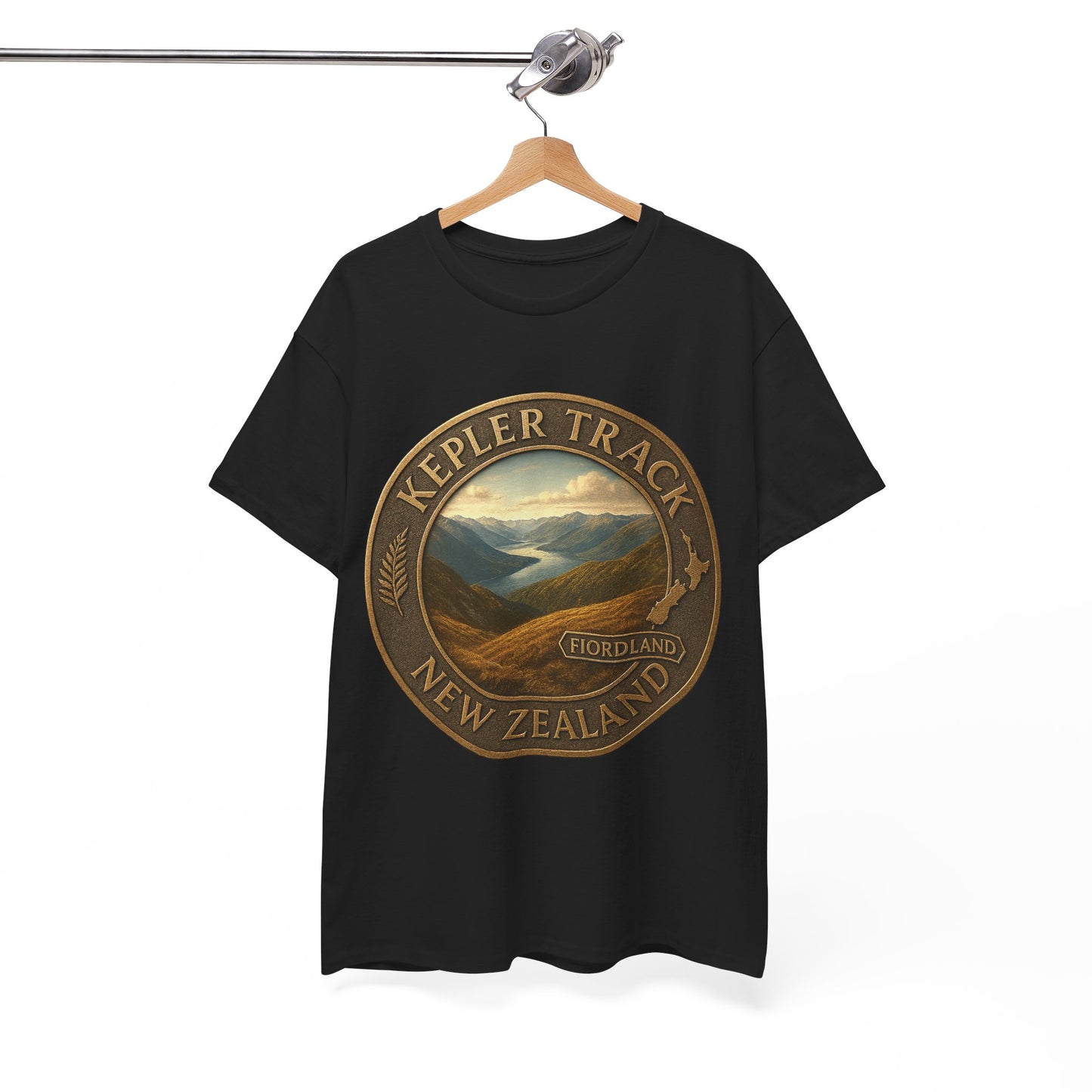 Black t-shirt with a 'Kepler Track New Zealand' graphic on a hanger against a white background