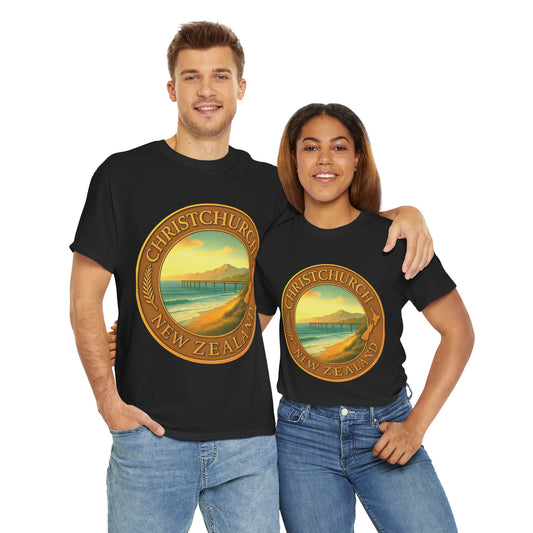 Two people wearing black t-shirts with a Christchurch, New Zealand design.