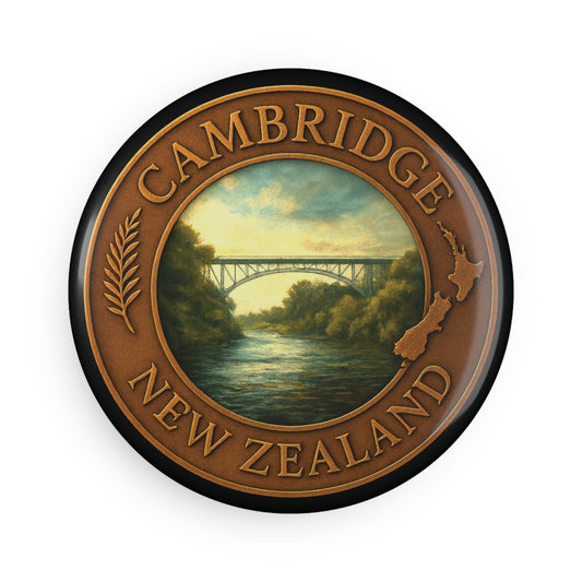 Round badge with 'Cambridge, New Zealand' text and scenic image of a bridge over a river.