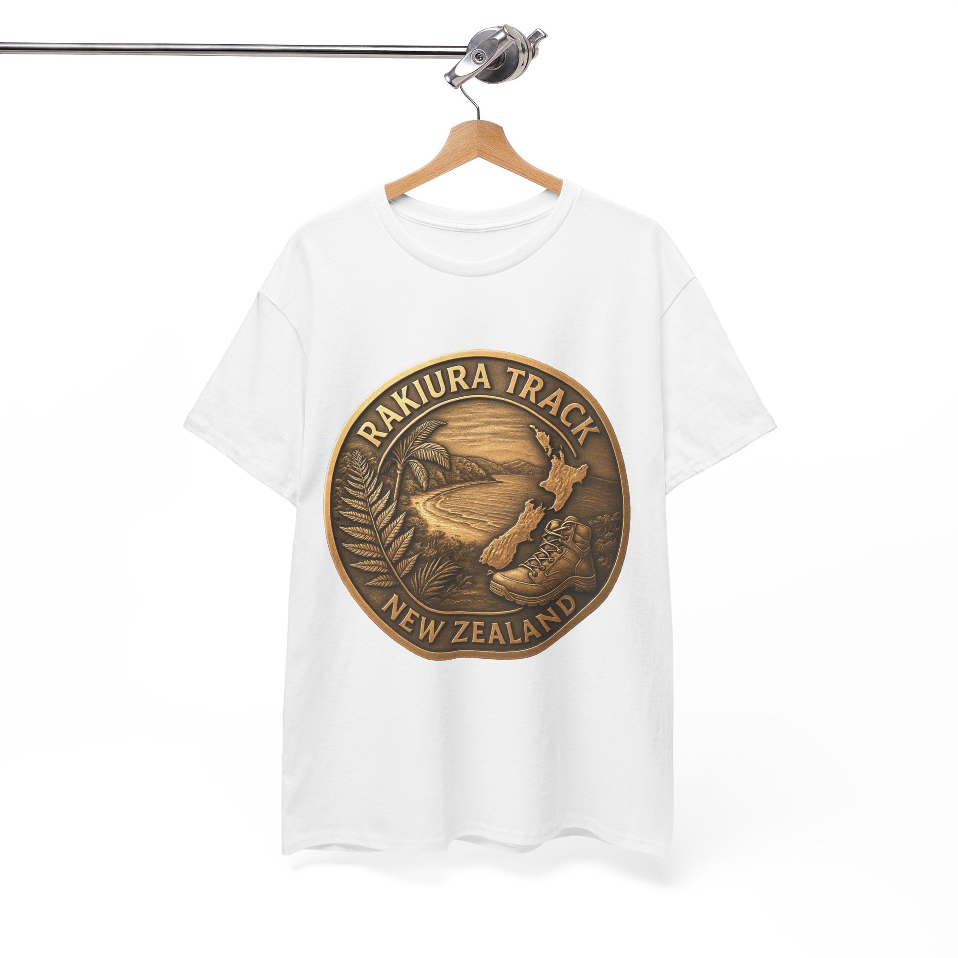White t-shirt with Rakiura Track New Zealand design on a hanger against a white background