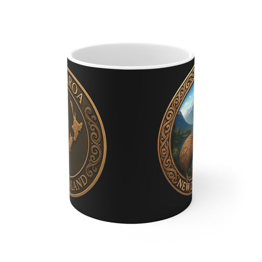 Aotearoa Kiwi & Map Bronze Emblem Coffee Mug — New Zealand — NZ Souvenir