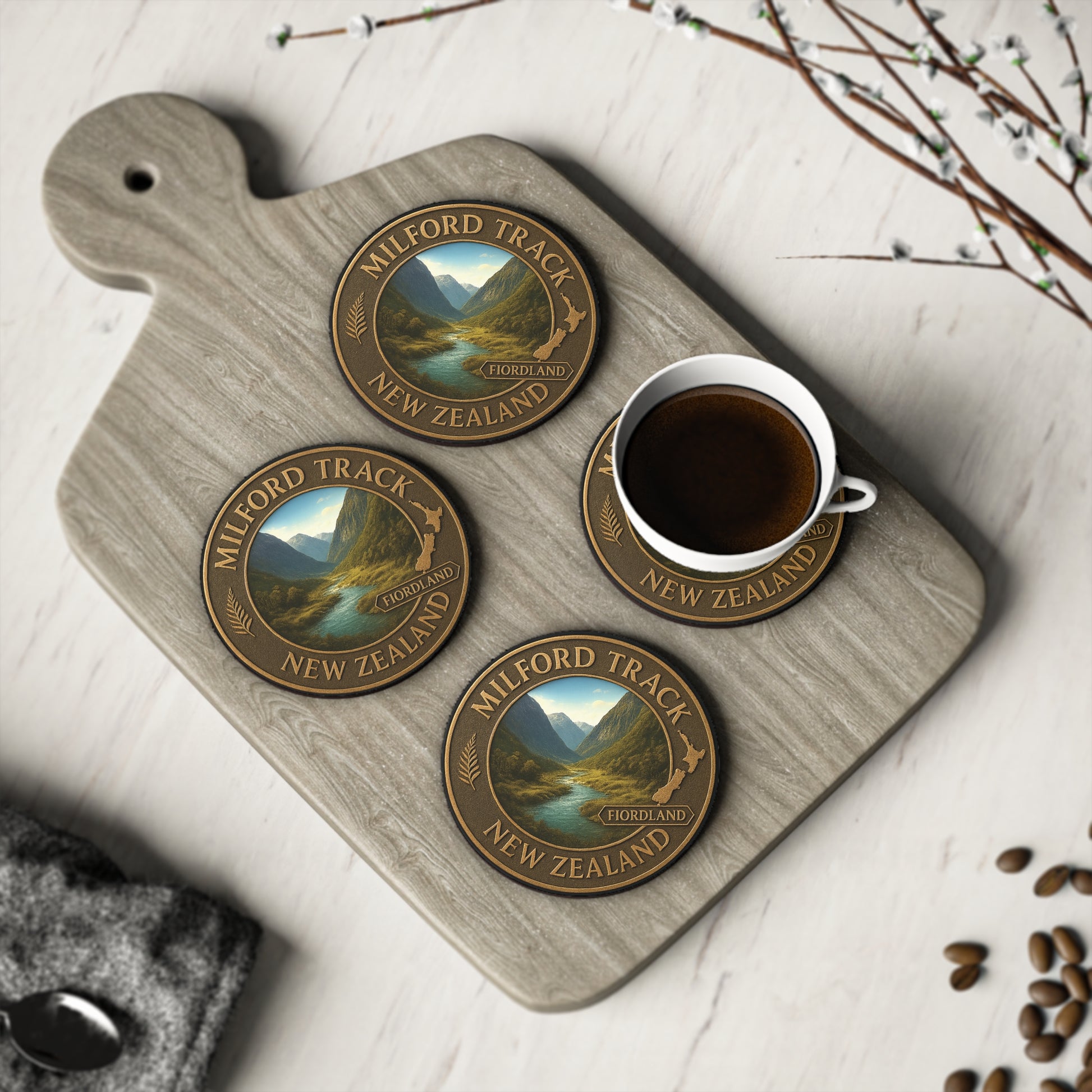 Coasters with Milford Track design on a wooden board with a cup of coffee.