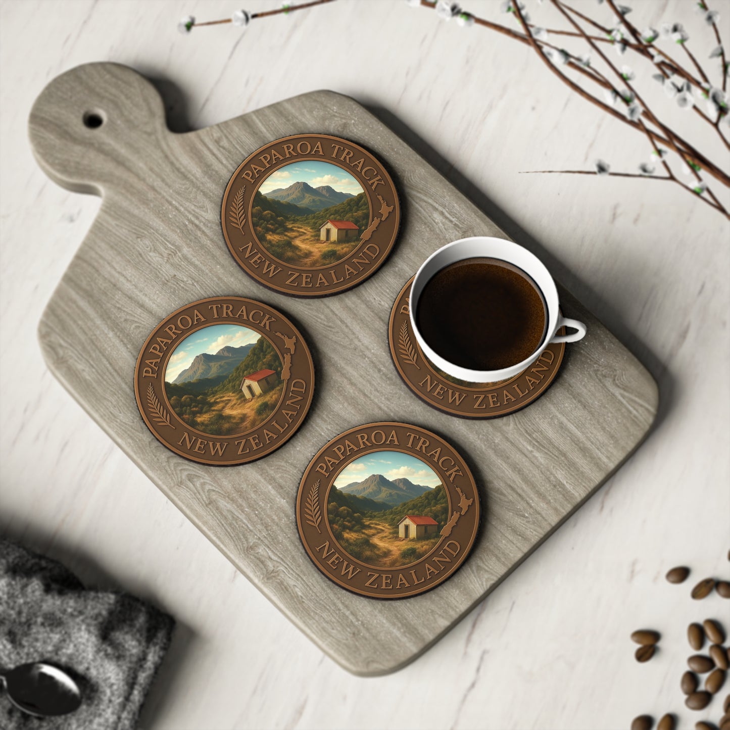 Coasters with scenic designs on a wooden board with a cup of coffee.
