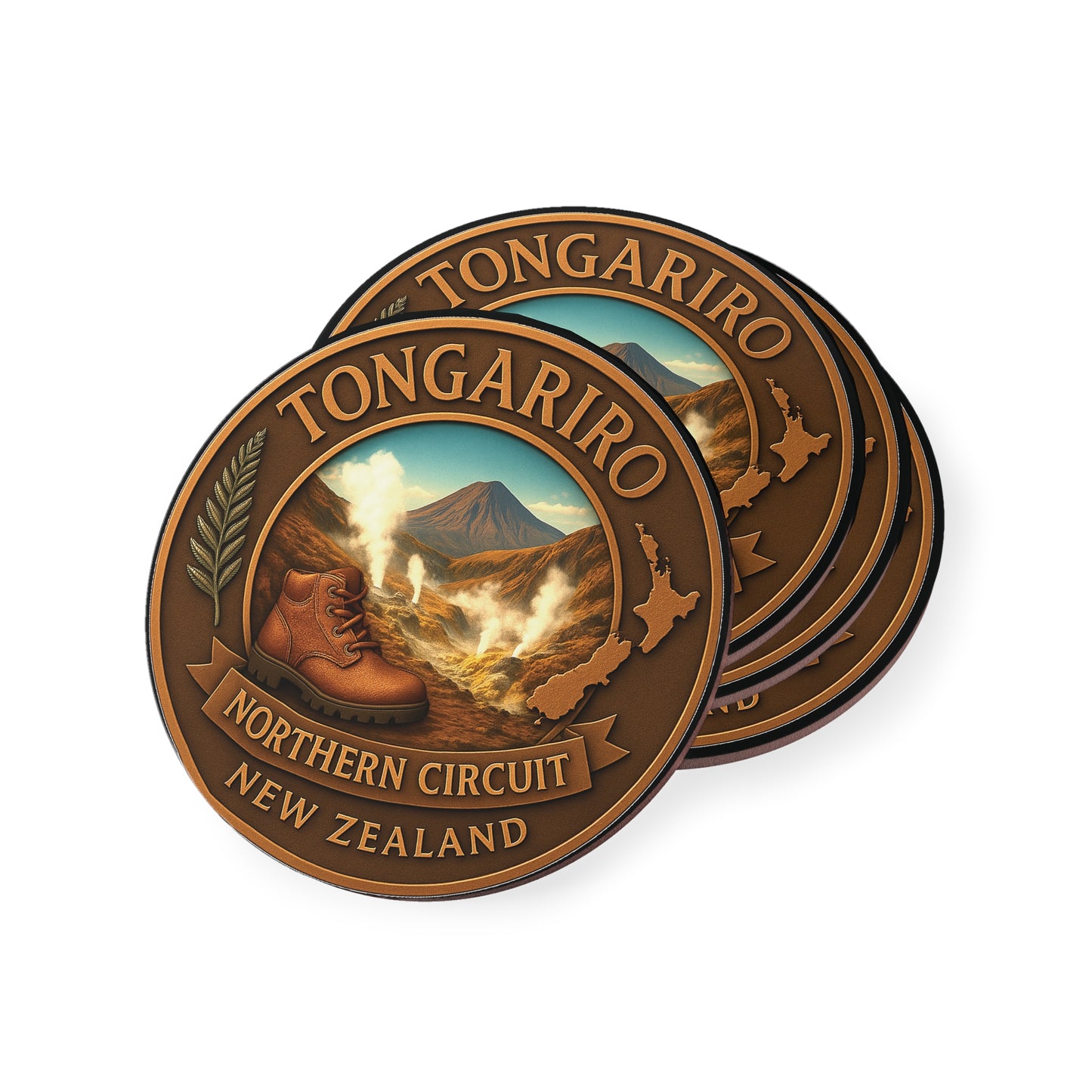 Tongariro New Zealand coasters with mountain and boot design on a white background