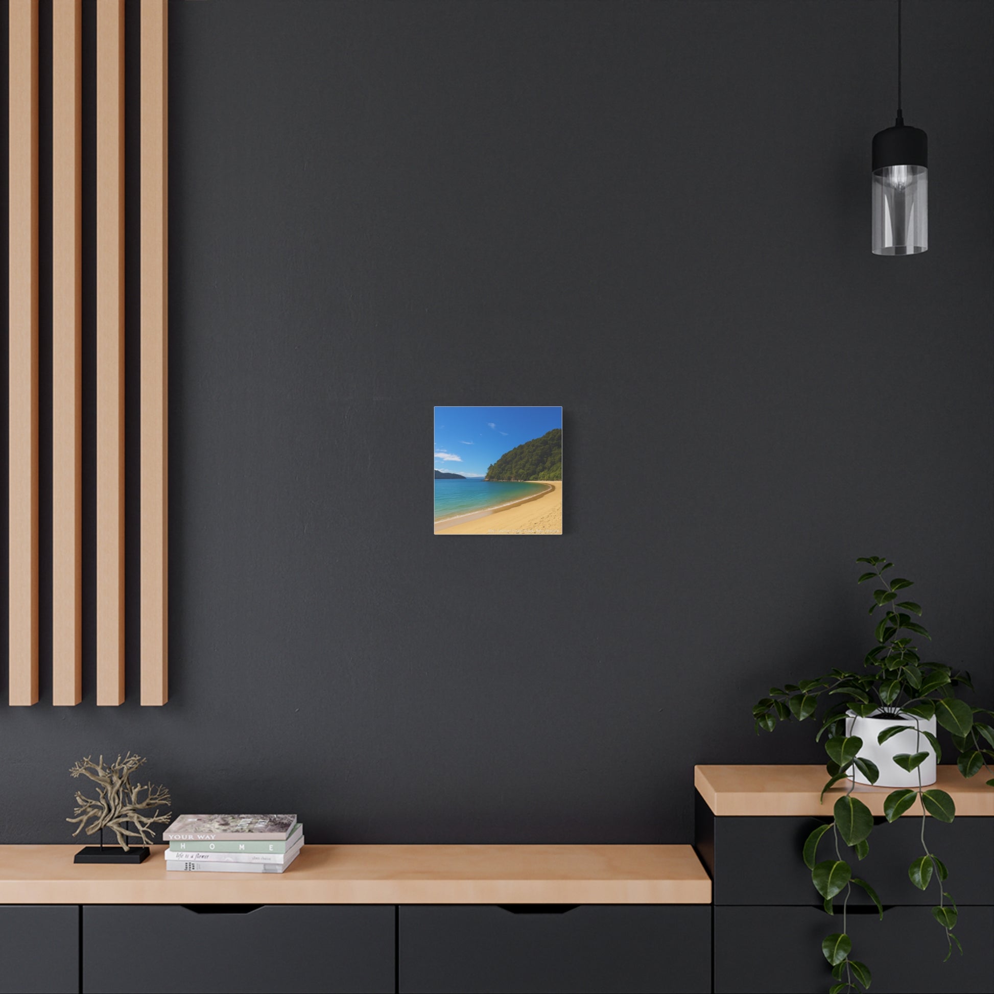 Modern interior with a beach scene print on a dark wall, wooden shelf, and decorative Abel Tasman items.