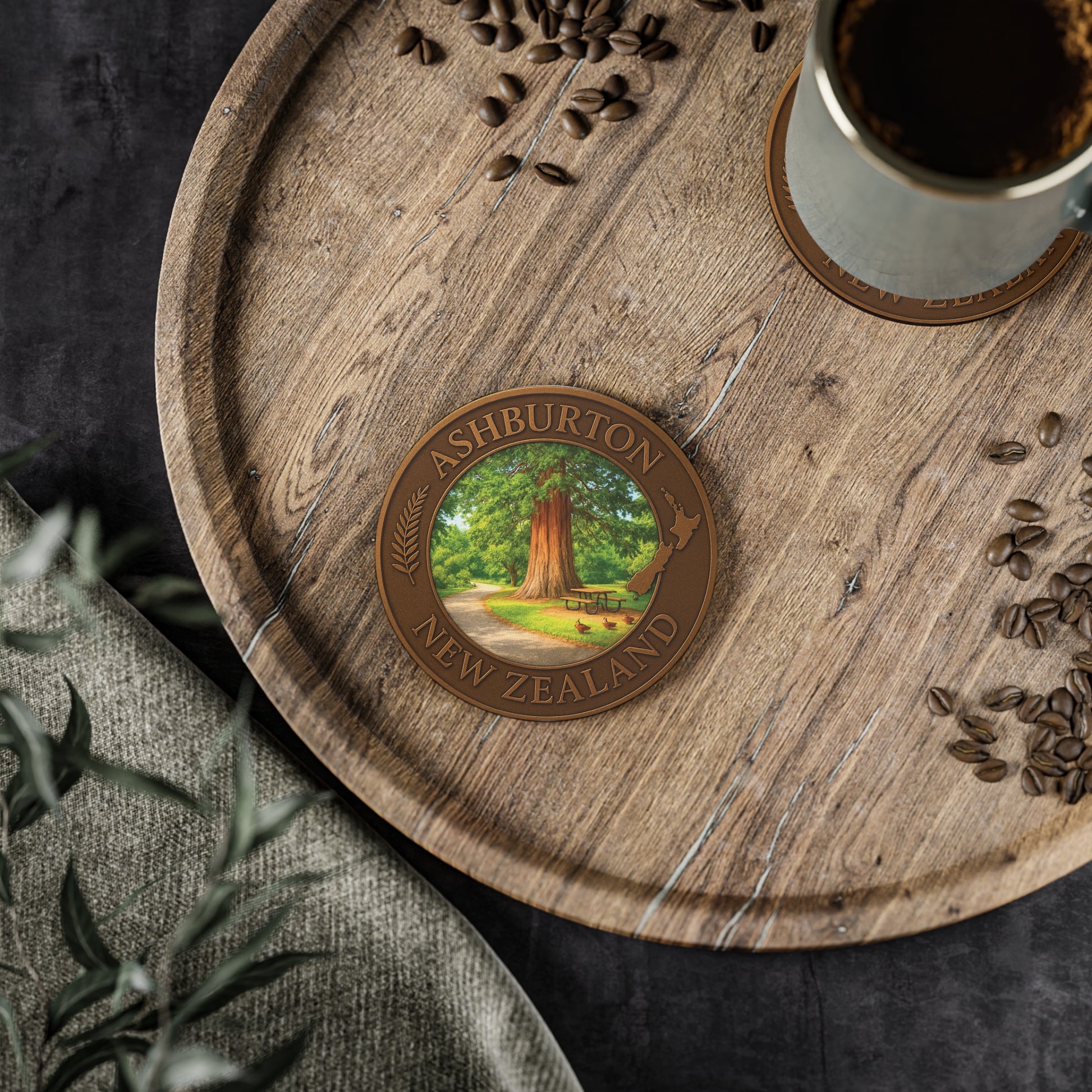 Wooden coaster with Ashburton New Zealand design on a wooden tray with coffee and seeds.