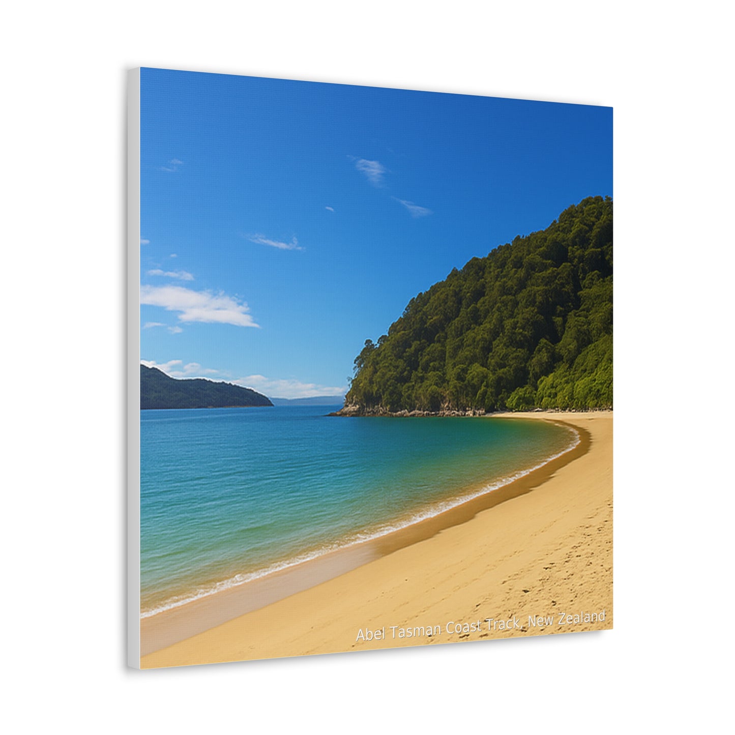Abel Tasman Beach scene with clear blue water and greenery on a white background