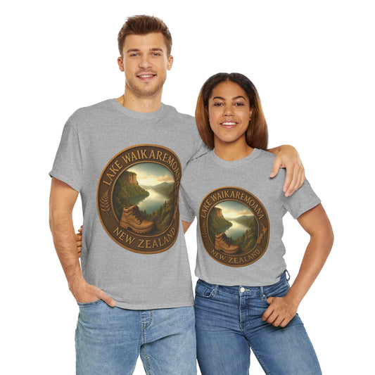 Two people wearing gray t-shirts with a 'Lake Waikaremoana New Zealand' design.