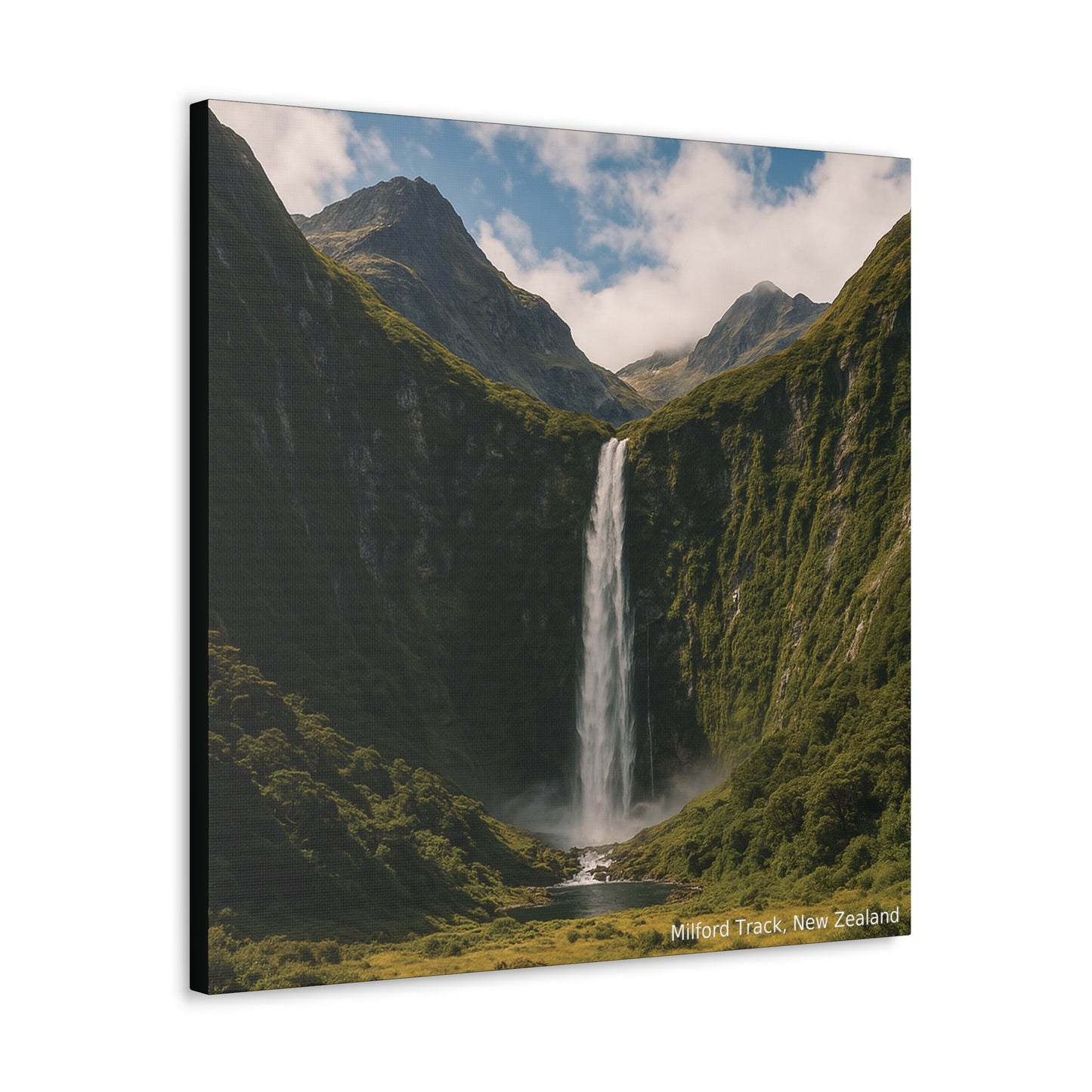 Canvas print of a waterfall in a mountainous landscape with 'Milford Track, New Zealand' text.