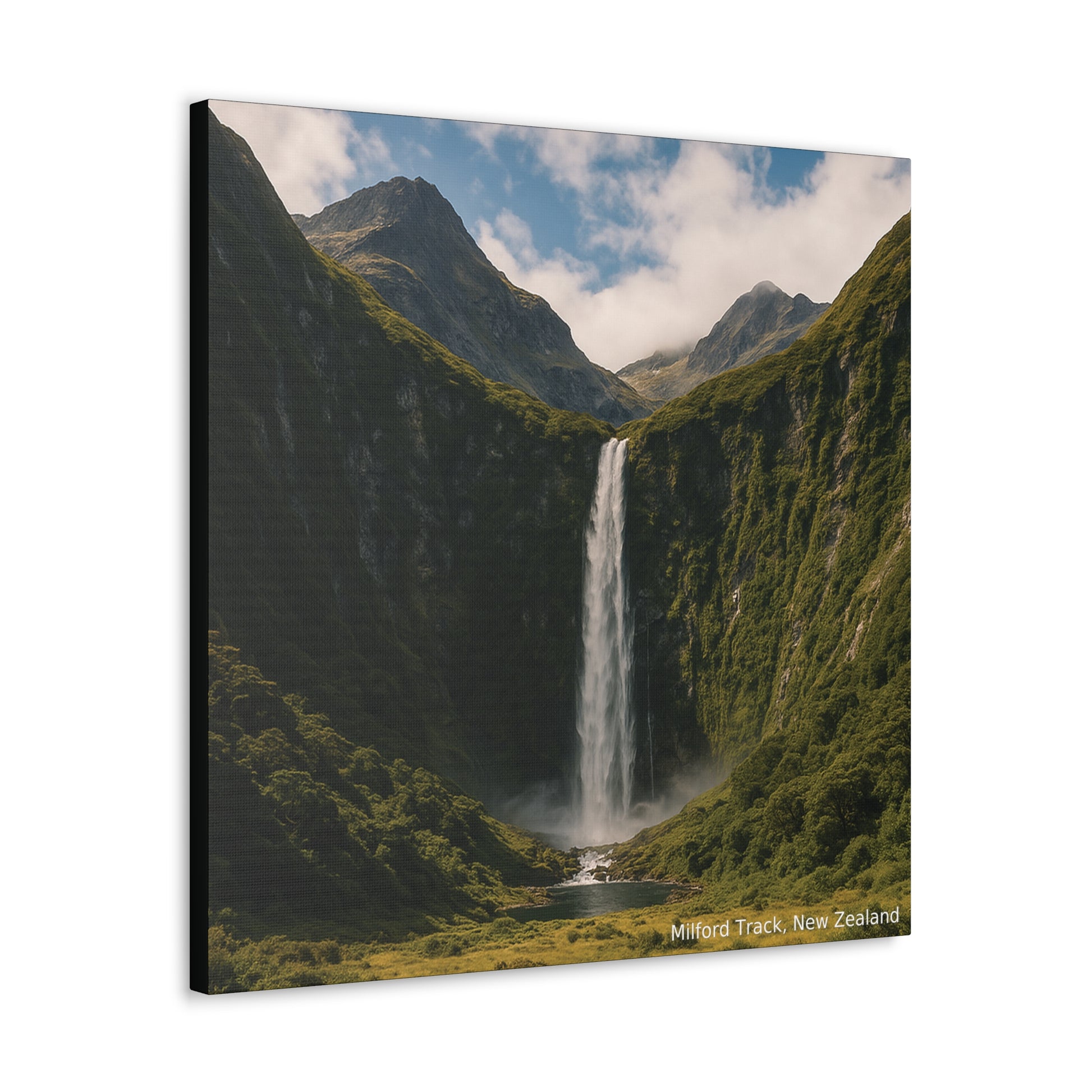 Canvas print of a waterfall in a mountainous landscape with 'Milford Track, New Zealand' text.