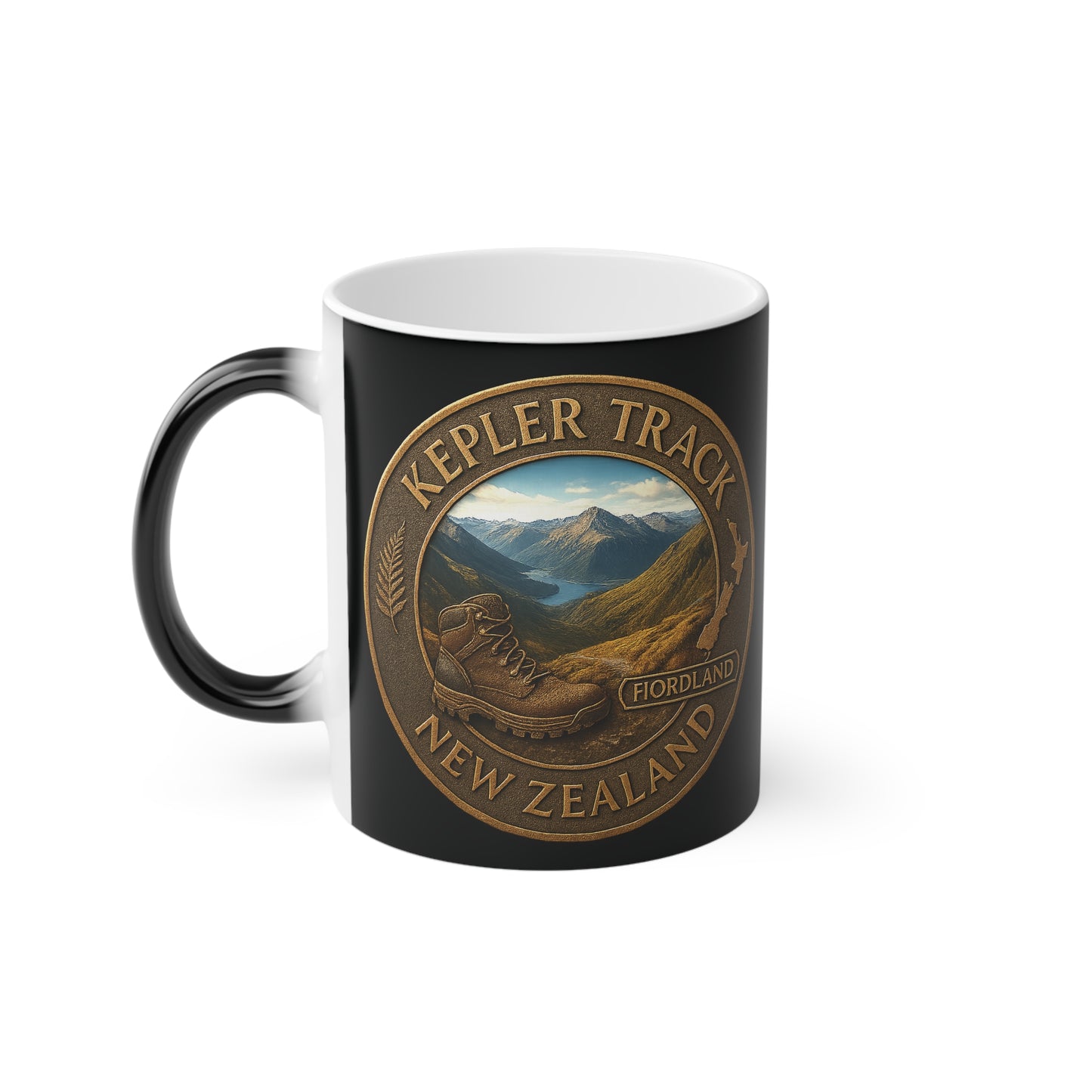 Black mug with 'Kepler Track New Zealand' design on a white background