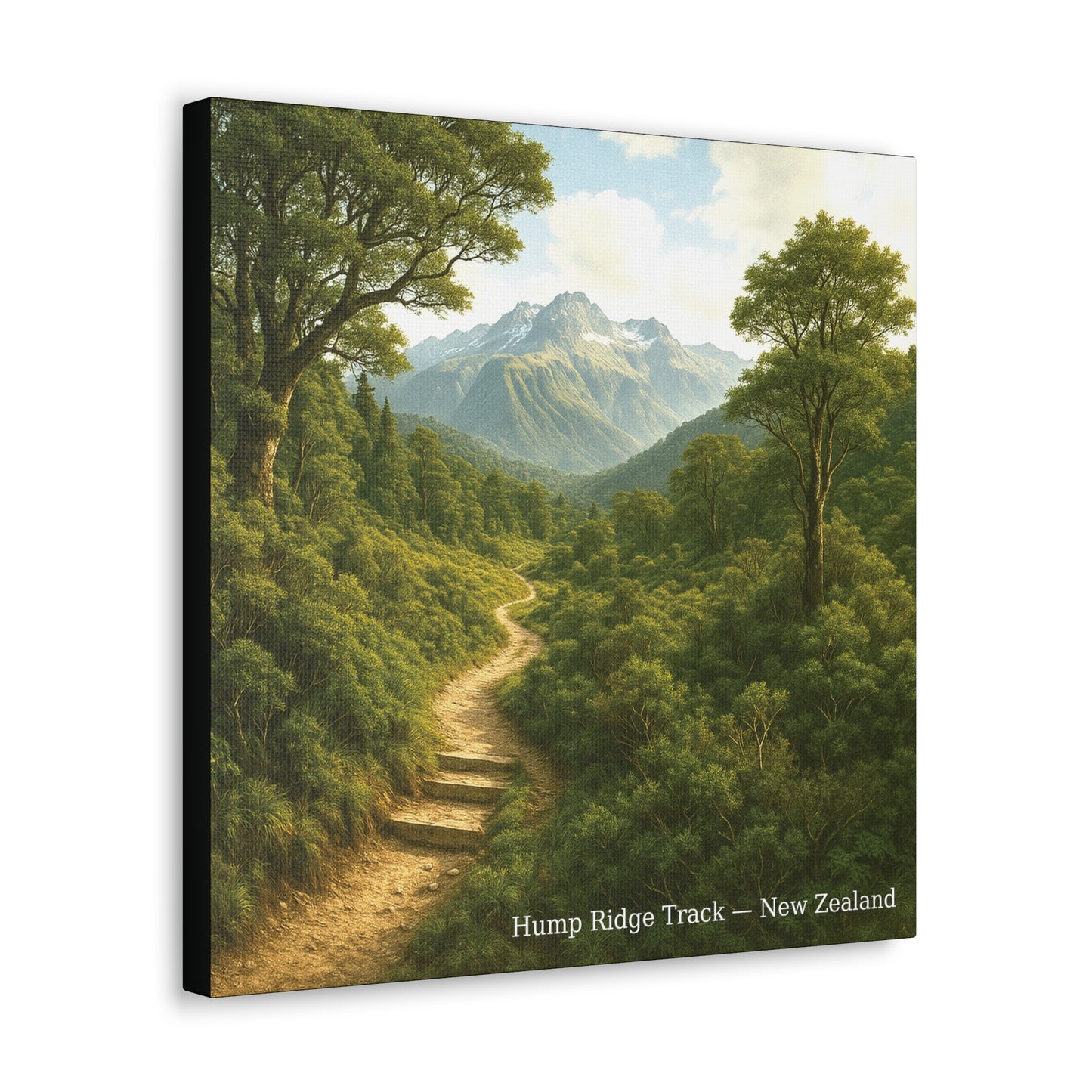 Canvas print of a scenic landscape with a path, trees, and mountains labeled 'Hump Ridge Track, New Zealand'.