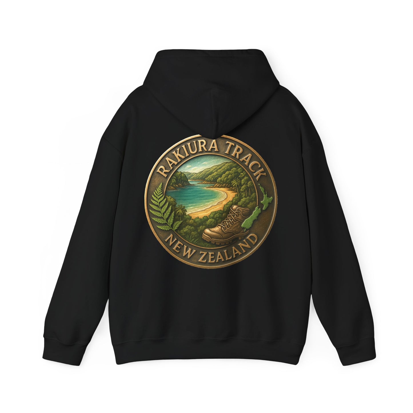 Black hoodie with a 'Rakiura Track New Zealand' design on the back