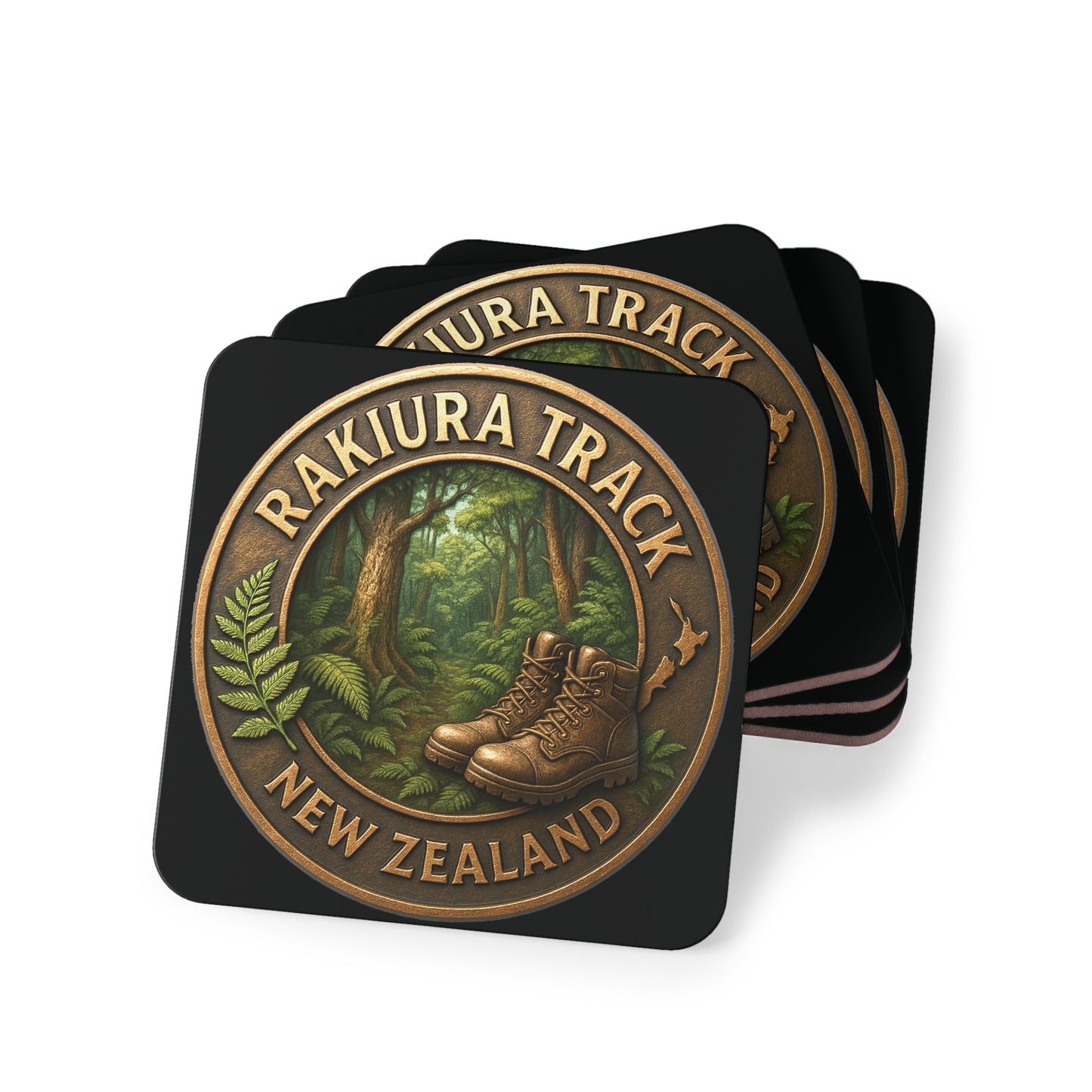 Set of four Rakiura Track New Zealand coasters on a white background