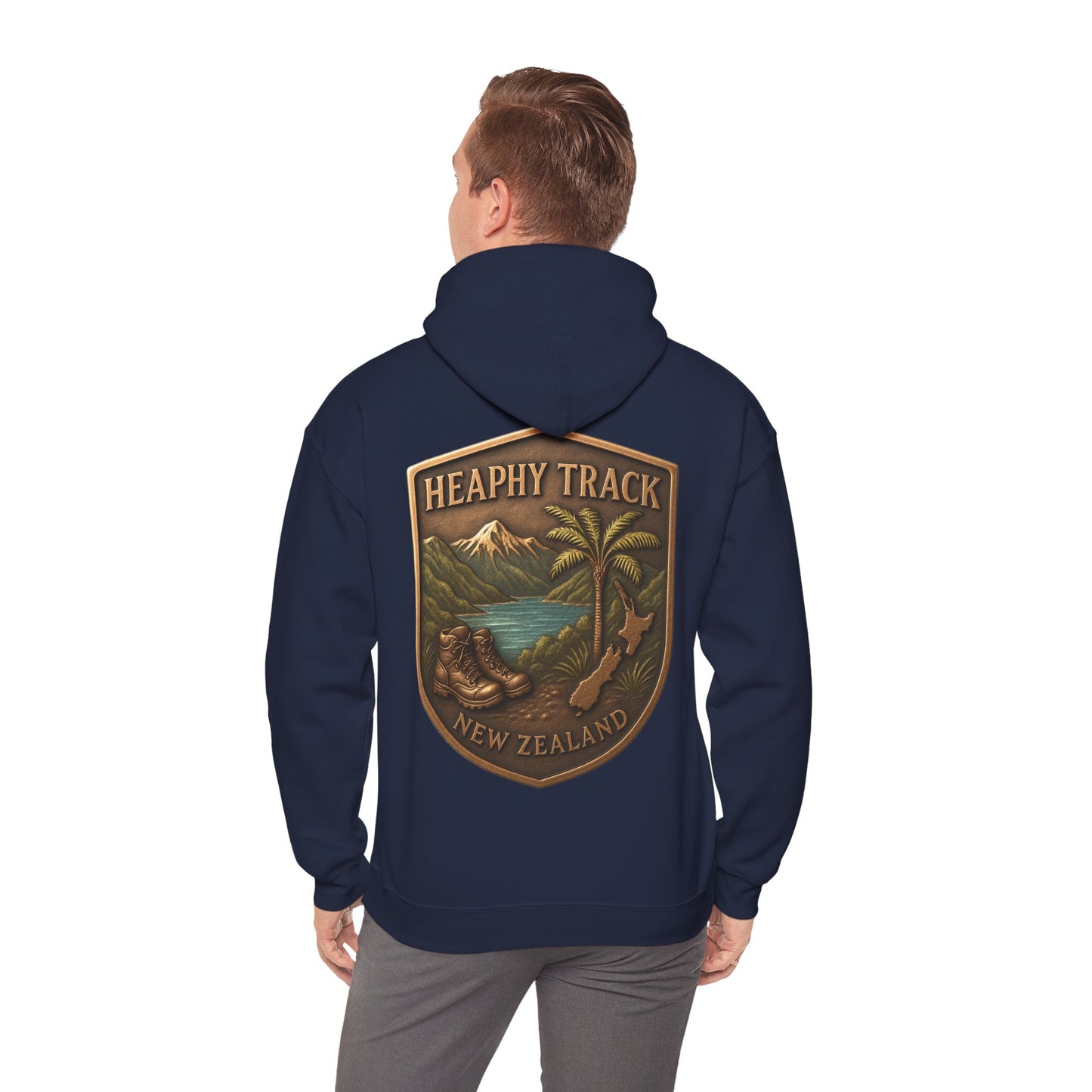 Navy blue hoodie with a 'Heaphy Track New Zealand' logo on the back, worn by a person.