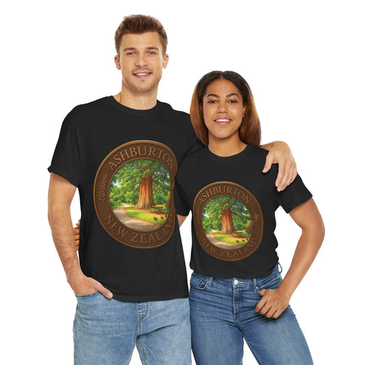 Two people wearing black t-shirts with a tree design and 'Ashburton New Zealand' text.