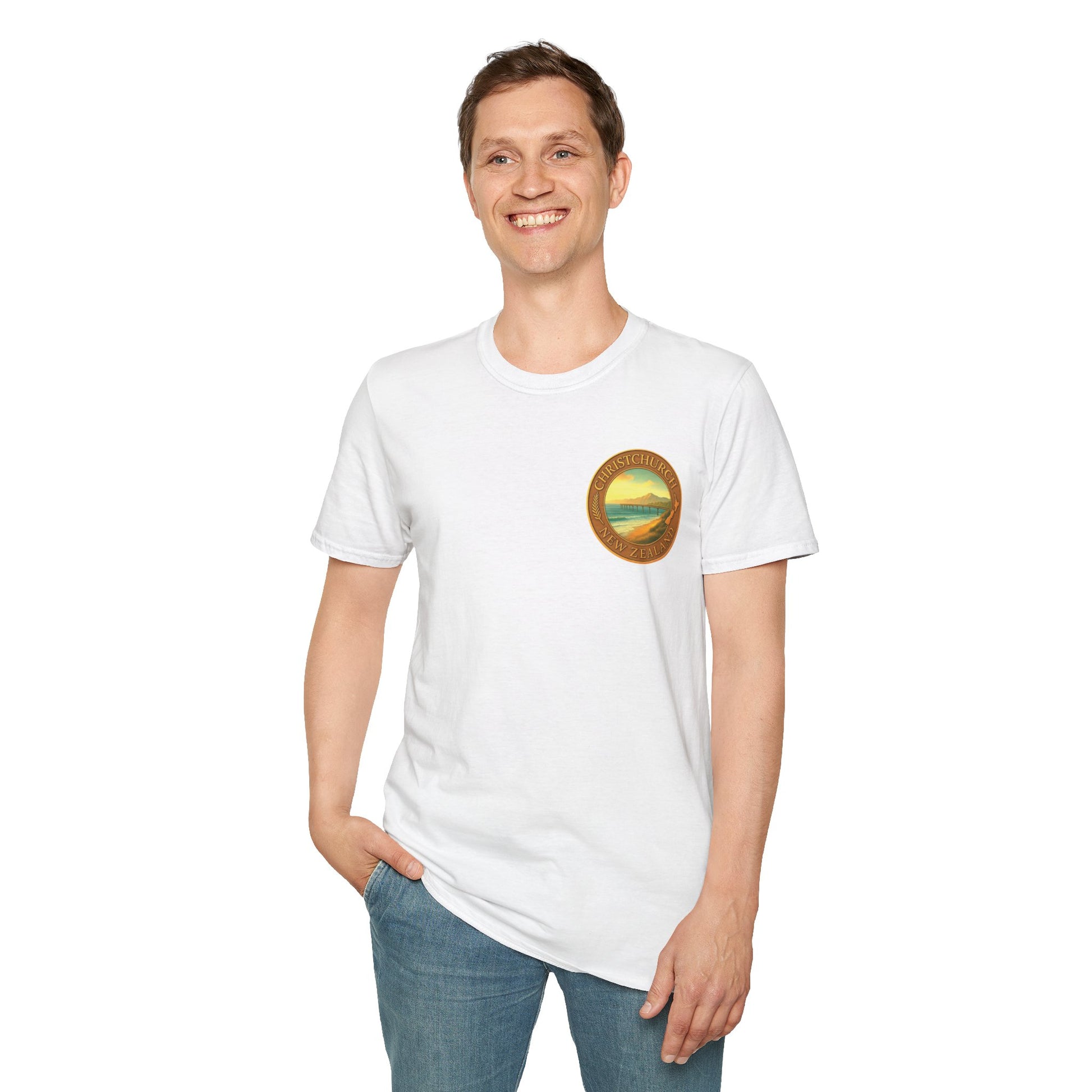 Person wearing a white Christchurch t-shirt with a logo on a white background