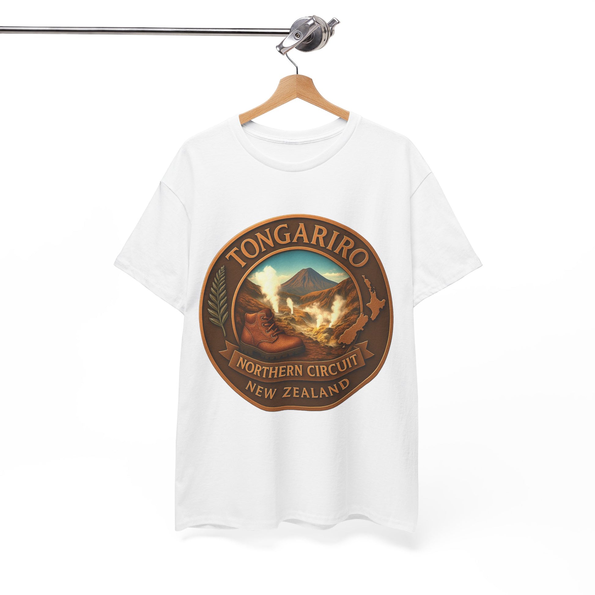 White t-shirt with Tongariro Northern Circuit New Zealand graphic on a hanger against a white background
