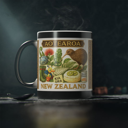 Mug with New Zealand-themed design featuring a kiwi bird and native plants on a dark background.